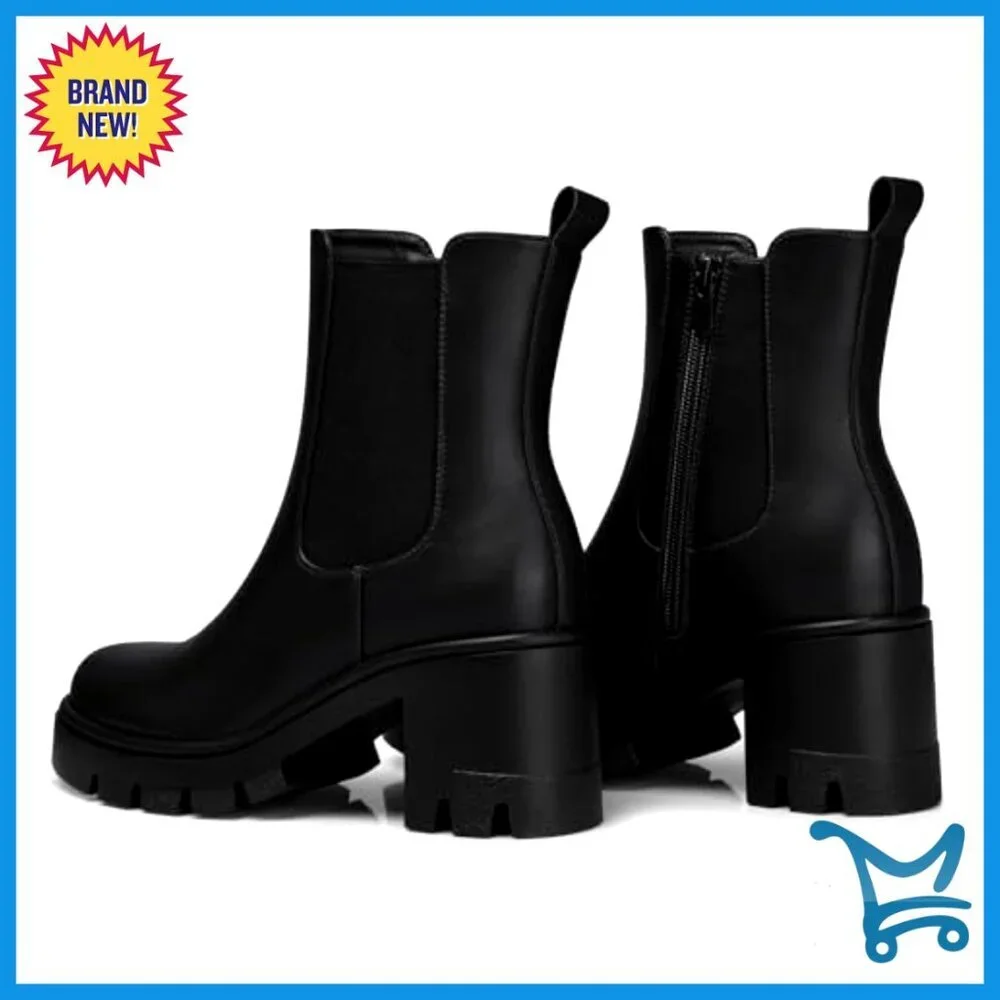 Chunky Heel Chelsea Ankle Boots, Waterproof PU Leather, Side Zipper Closure